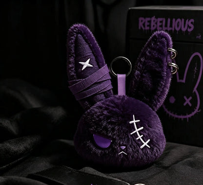 Plush Fabric Dark Bunny Theme Fluffy Stuffed Doll Keychain Charm - Stylish Aesthetic Keyring, Cute Fierce Rebel Look, Unisex Daily Carry Accessory, Car Key Holder, Perfect Gift for Animal Lovers