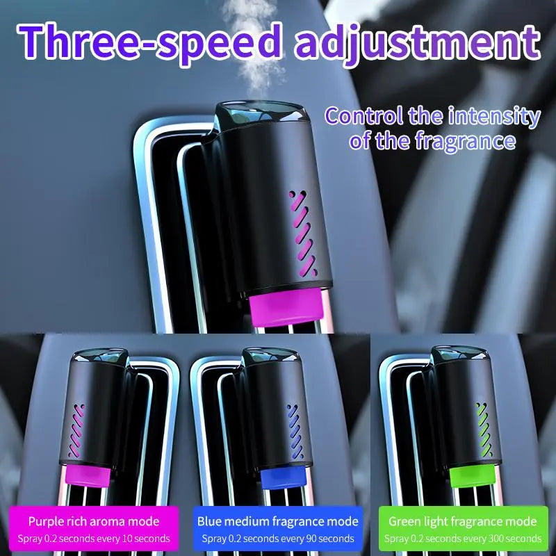 Premium Aluminum Smart Car Fragrance Diffuser - Girly Cute Car Accessories for Women, Air Vent Essential Oil Sprayer with Auto Start, Multi-Color Ambient Light, Rechargeable Battery, Odor Removal, Baby-Safe Mist, 3 Essential Oil Bottles Included