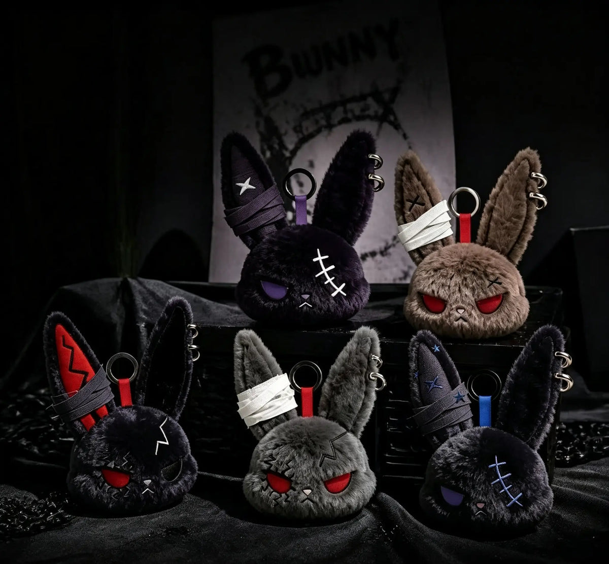 Plush Fabric Dark Bunny Theme Fluffy Stuffed Doll Keychain Charm - Stylish Aesthetic Keyring, Cute Fierce Rebel Look, Unisex Daily Carry Accessory, Car Key Holder, Perfect Gift for Animal Lovers