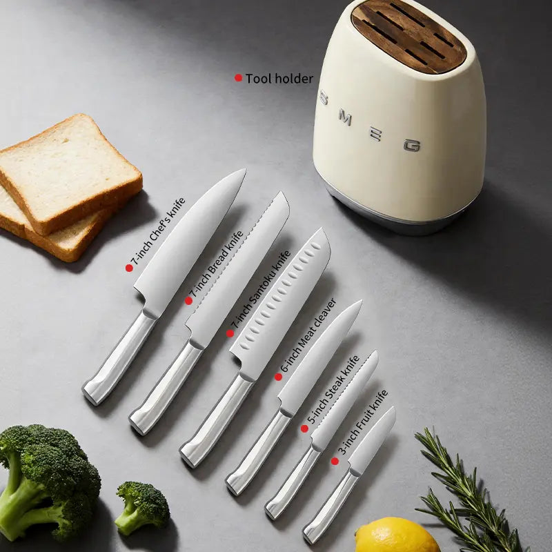 7-Piece Stainless Steel Knives Kitchen Set with Block - Retro 50S Aesthetic Countertop Set, 67-Layer Construction, Olive Design, Includes Chef, Bread, Santoku Knives, Multifunctional, Safe for Home Kitchen Use