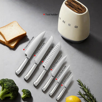 7-Piece Stainless Steel Knives Kitchen Set with Block - Retro 50S Aesthetic Countertop Set, 67-Layer Construction, Olive Design, Includes Chef, Bread, Santoku Knives, Multifunctional, Safe for Home Kitchen Use