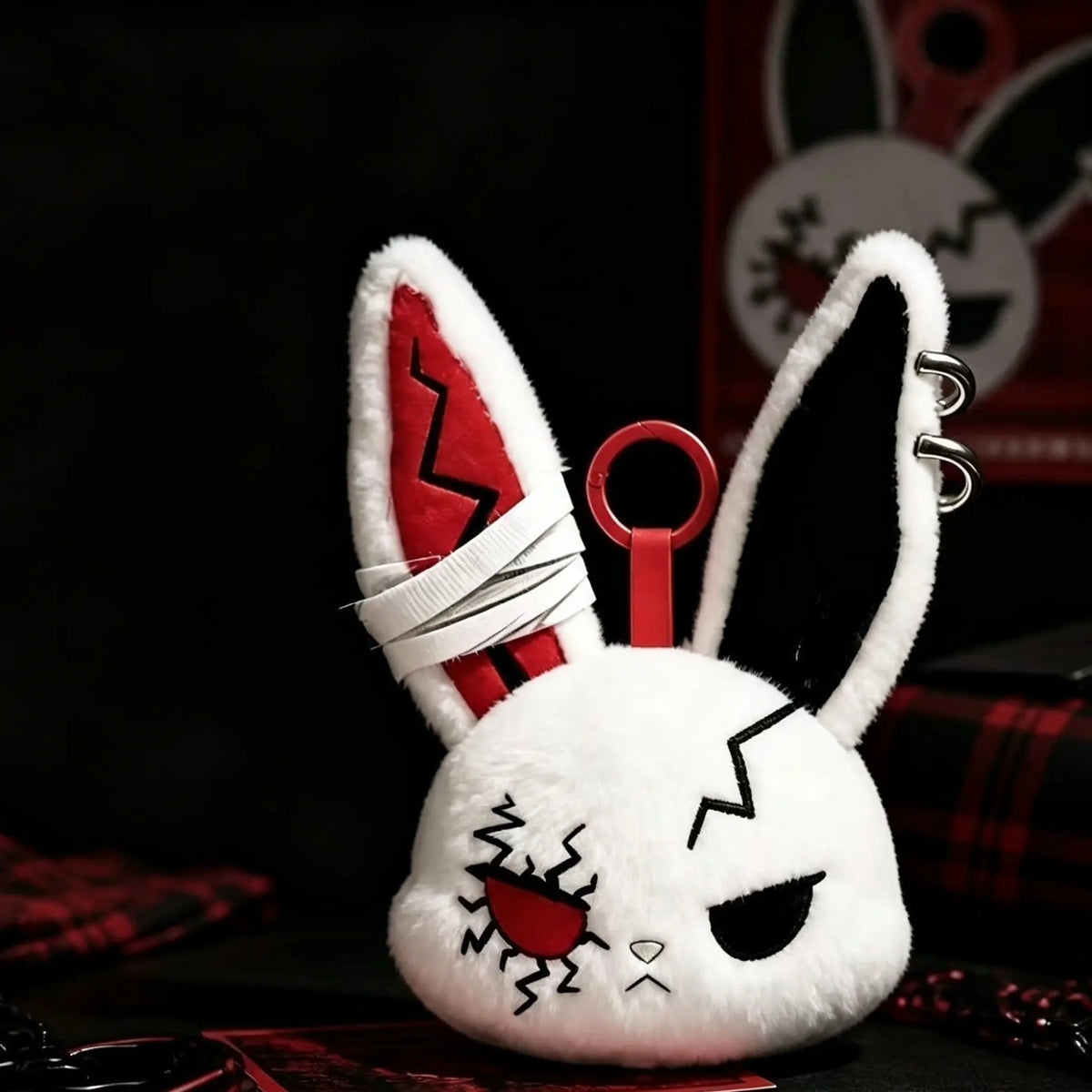 Plush Fabric Dark Bunny Theme Fluffy Stuffed Doll Keychain Charm - Stylish Aesthetic Keyring, Cute Fierce Rebel Look, Unisex Daily Carry Accessory, Car Key Holder, Perfect Gift for Animal Lovers