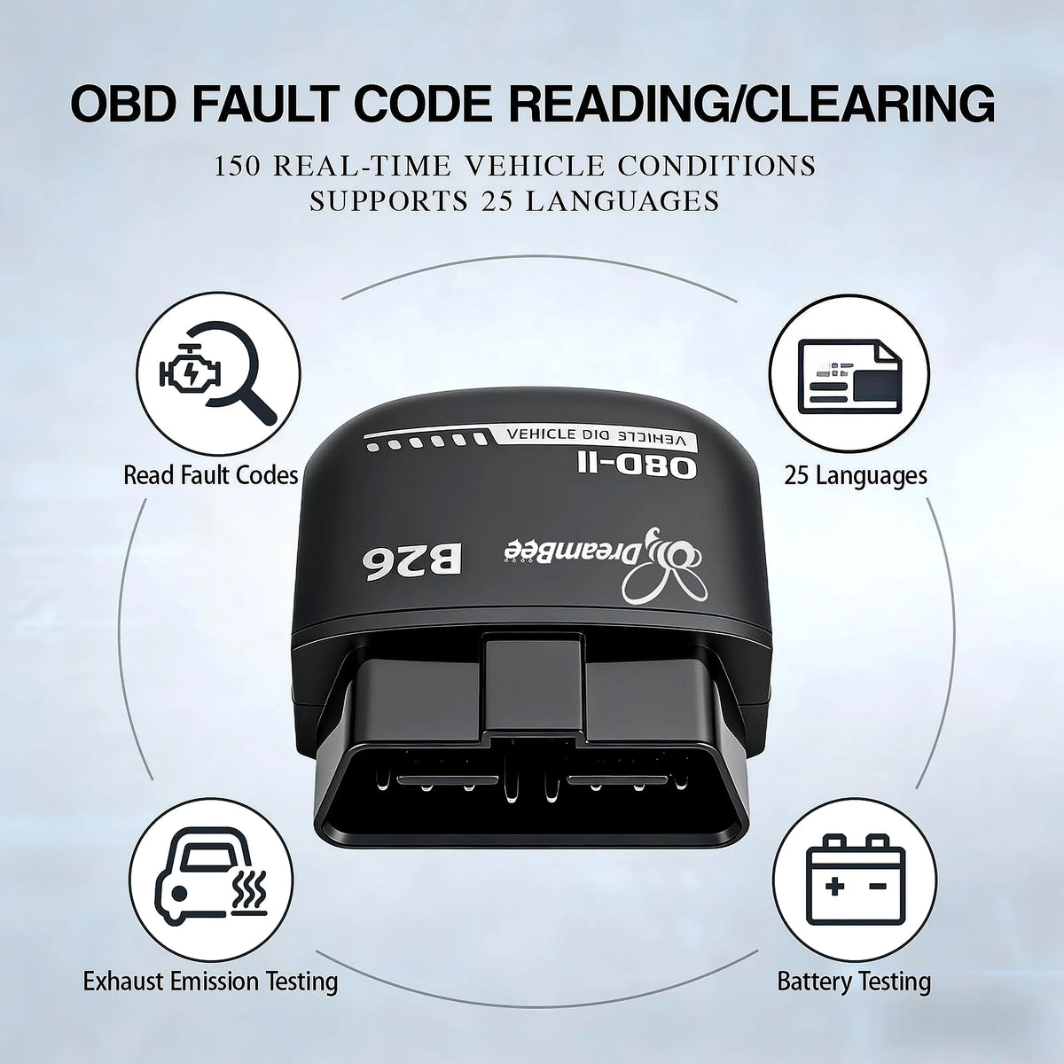 Dreambee B26 Mini Compact Handheld Wireless Bluetooth 5.1 OBD2 Scanner - 12V Gasoline Cars Plug-And-Play Car Computer Diagnostic Reader, Engine Faults Check Tool for Ios & Android, Multilanguage View, Real-Time Data, Code Read/Clear for Daily Maintenance
