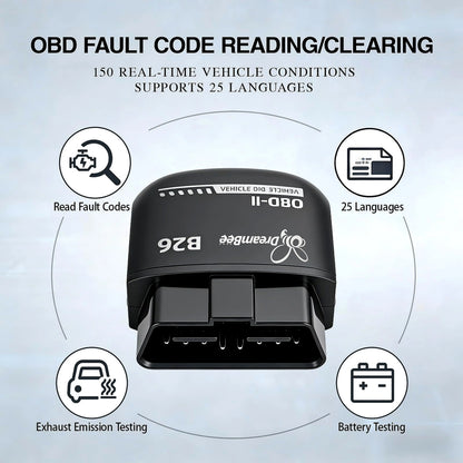 Dreambee B26 Mini Compact Handheld Wireless Bluetooth 5.1 OBD2 Scanner - 12V Gasoline Cars Plug-And-Play Car Computer Diagnostic Reader, Engine Faults Check Tool for Ios & Android, Multilanguage View, Real-Time Data, Code Read/Clear for Daily Maintenance