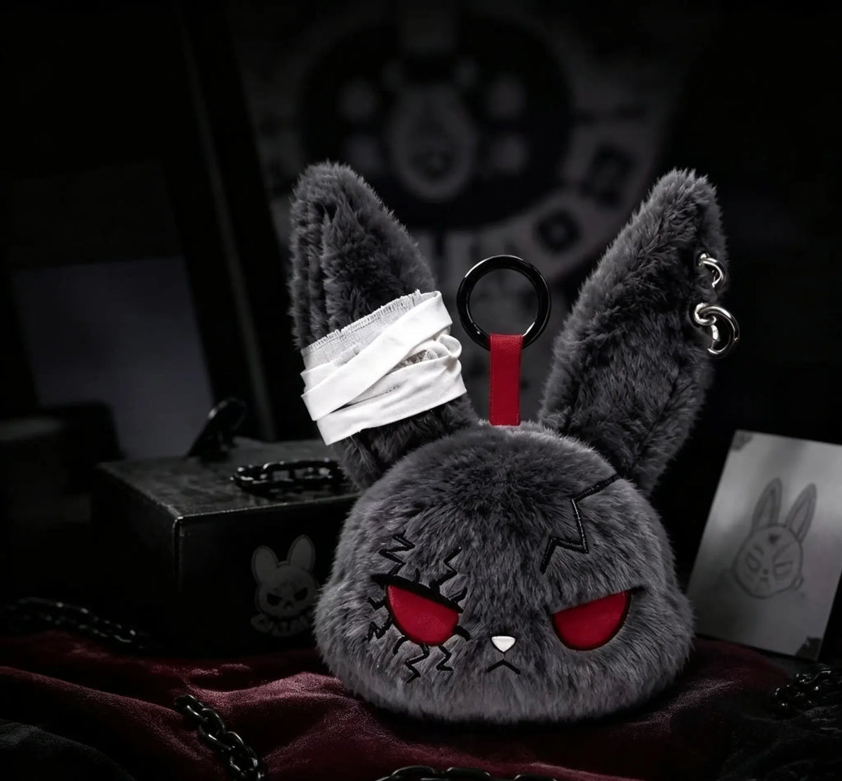 Plush Fabric Dark Bunny Theme Fluffy Stuffed Doll Keychain Charm - Stylish Aesthetic Keyring, Cute Fierce Rebel Look, Unisex Daily Carry Accessory, Car Key Holder, Perfect Gift for Animal Lovers