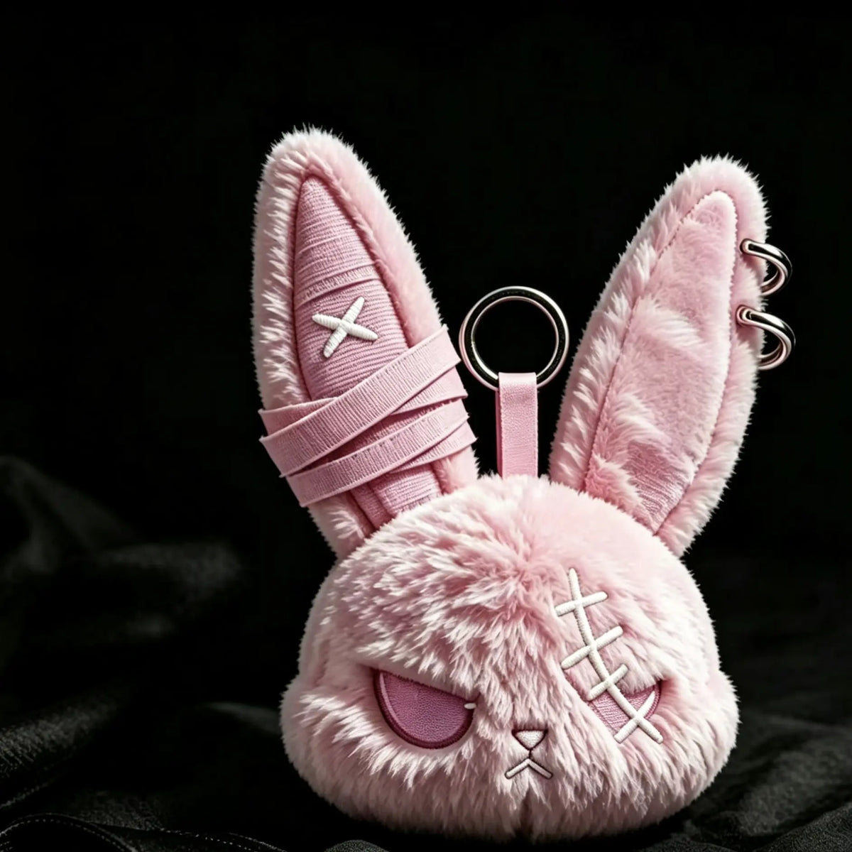 Plush Fabric Dark Bunny Theme Fluffy Stuffed Doll Keychain Charm - Stylish Aesthetic Keyring, Cute Fierce Rebel Look, Unisex Daily Carry Accessory, Car Key Holder, Perfect Gift for Animal Lovers