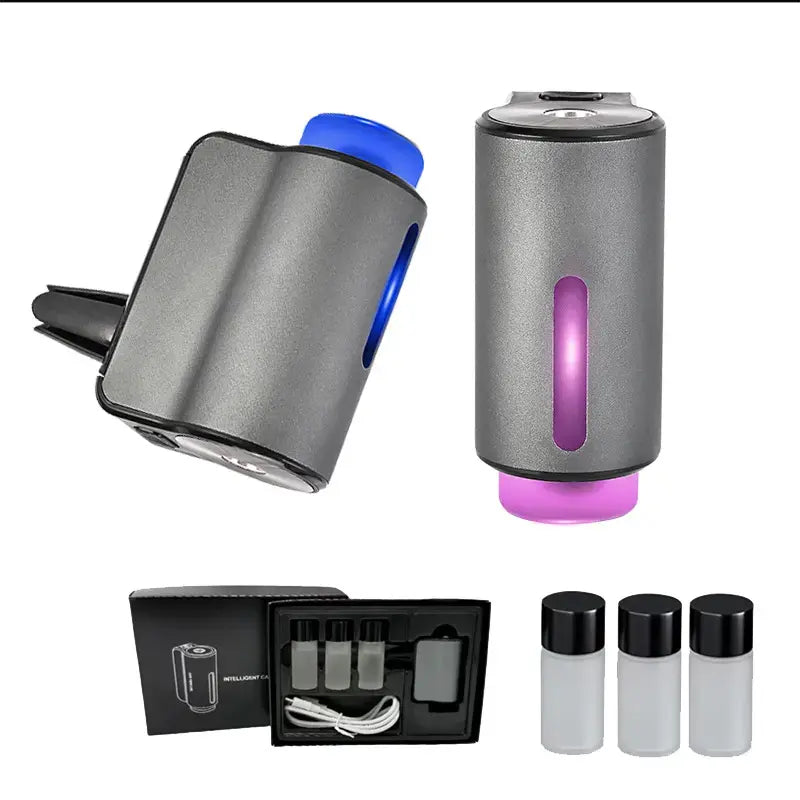 Premium Aluminum Smart Car Fragrance Diffuser - Girly Cute Car Accessories for Women, Air Vent Essential Oil Sprayer with Auto Start, Multi-Color Ambient Light, Rechargeable Battery, Odor Removal, Baby-Safe Mist, 3 Essential Oil Bottles Included