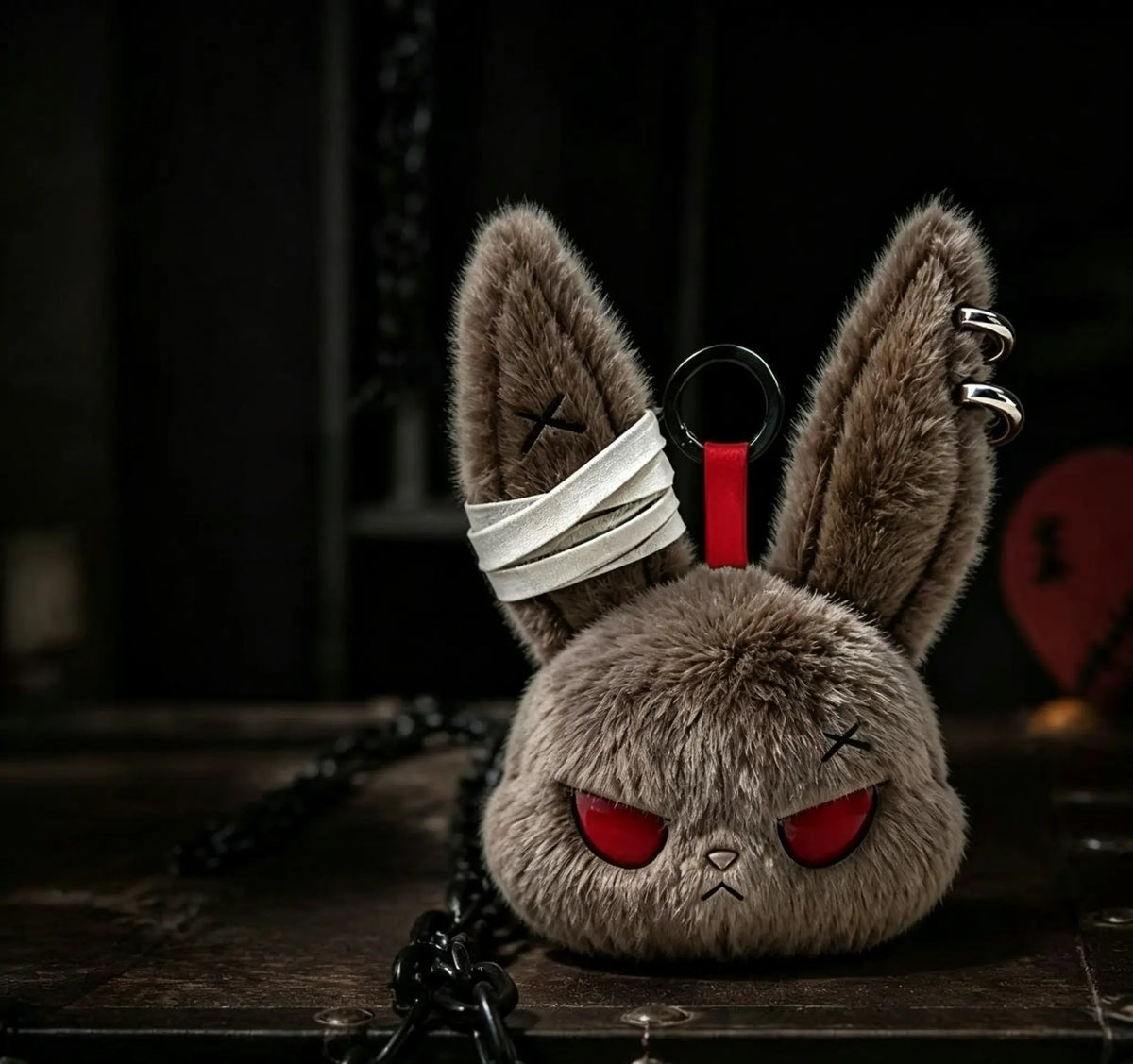 Plush Fabric Dark Bunny Theme Fluffy Stuffed Doll Keychain Charm - Stylish Aesthetic Keyring, Cute Fierce Rebel Look, Unisex Daily Carry Accessory, Car Key Holder, Perfect Gift for Animal Lovers
