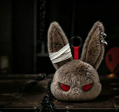 Plush Fabric Dark Bunny Theme Fluffy Stuffed Doll Keychain Charm - Stylish Aesthetic Keyring, Cute Fierce Rebel Look, Unisex Daily Carry Accessory, Car Key Holder, Perfect Gift for Animal Lovers