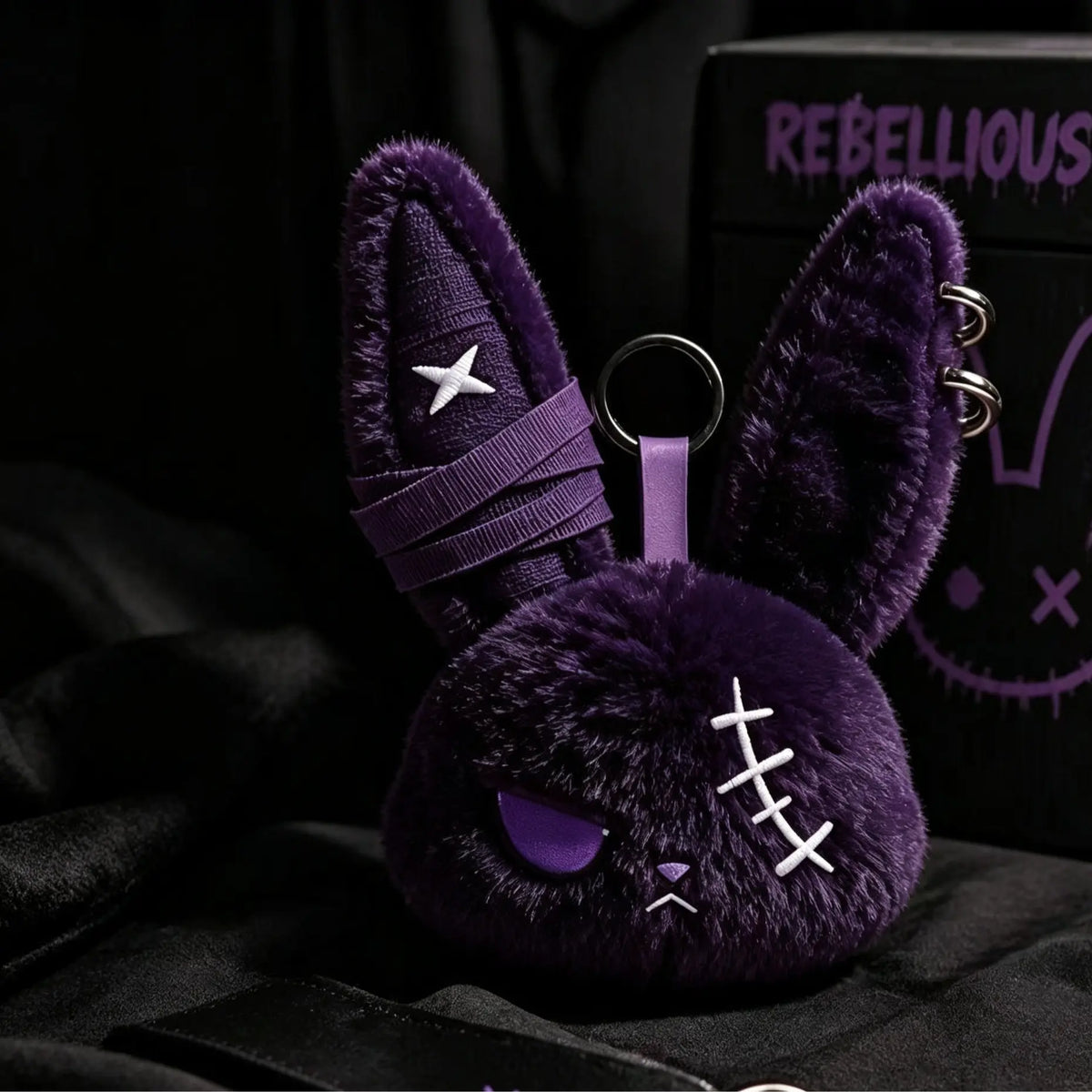 Plush Fabric Dark Bunny Theme Fluffy Stuffed Doll Keychain Charm - Stylish Aesthetic Keyring, Cute Fierce Rebel Look, Unisex Daily Carry Accessory, Car Key Holder, Perfect Gift for Animal Lovers