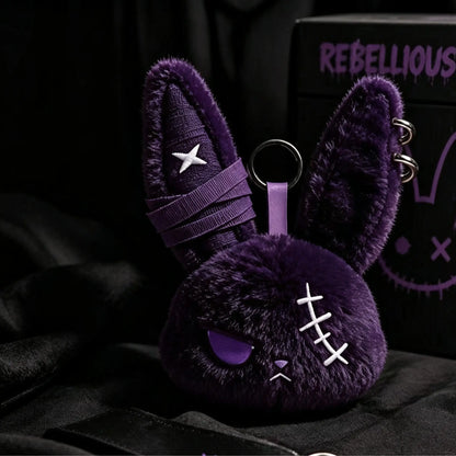 Plush Fabric Dark Bunny Theme Fluffy Stuffed Doll Keychain Charm - Stylish Aesthetic Keyring, Cute Fierce Rebel Look, Unisex Daily Carry Accessory, Car Key Holder, Perfect Gift for Animal Lovers
