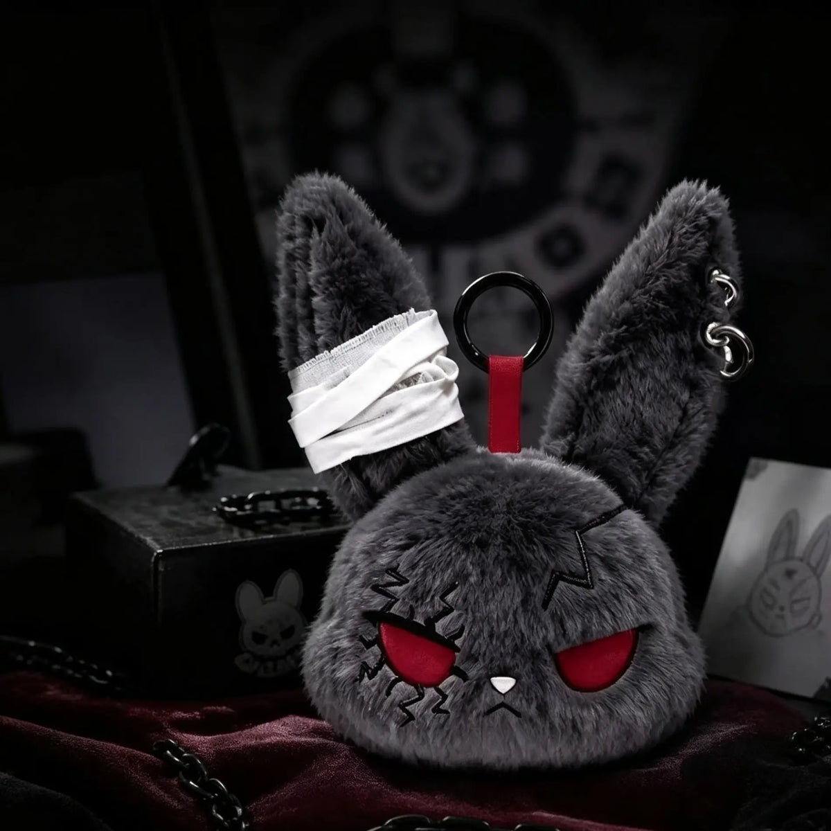Plush Fabric Dark Bunny Theme Fluffy Stuffed Doll Keychain Charm - Stylish Aesthetic Keyring, Cute Fierce Rebel Look, Unisex Daily Carry Accessory, Car Key Holder, Perfect Gift for Animal Lovers