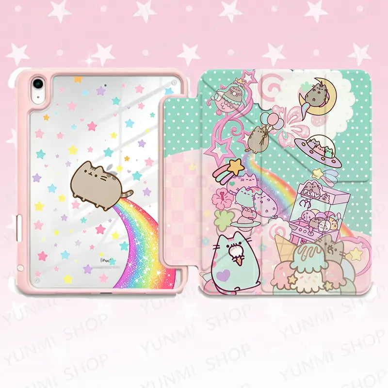 Pusheen Cute Rainbow Cat & Arcade Claw Machine Style | Colorful Star Clear Back & UFO Alien Kitten Graphic | Kawaii Pastel Dreamy Aesthetic Tablet Case Cover | for Ipad Air/Pro/Mini 10.2 10.9 11 13 Inch, Suitable for Both Men and Women, Perfect Gift