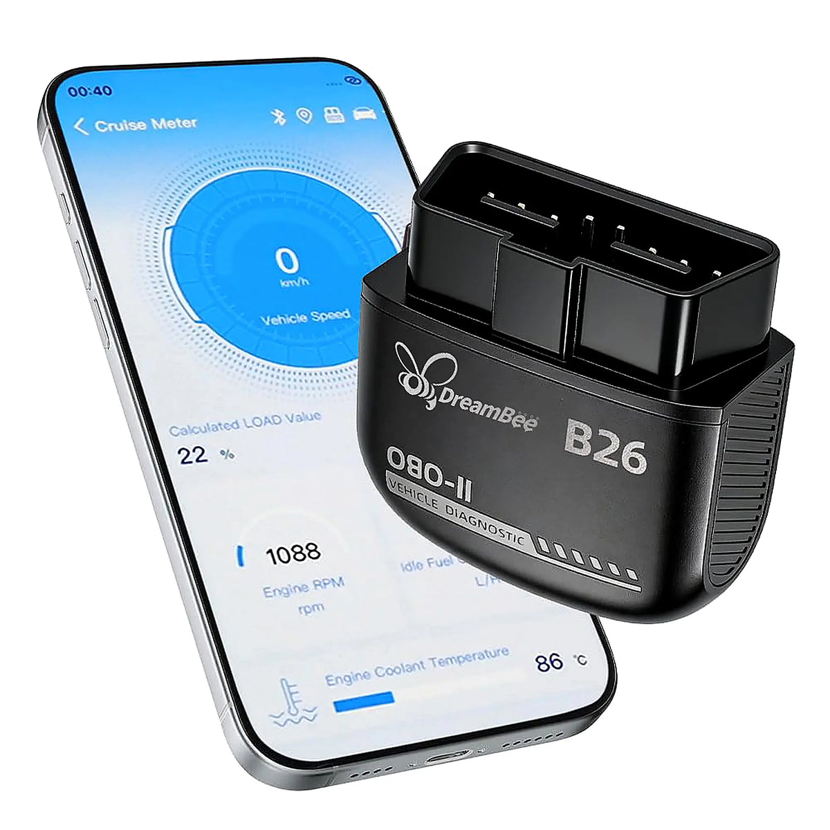 Dreambee B26 Mini Compact Handheld Wireless Bluetooth 5.1 OBD2 Scanner - 12V Gasoline Cars Plug-And-Play Car Computer Diagnostic Reader, Engine Faults Check Tool for Ios & Android, Multilanguage View, Real-Time Data, Code Read/Clear for Daily Maintenance