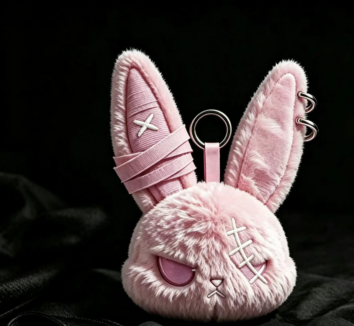 Plush Fabric Dark Bunny Theme Fluffy Stuffed Doll Keychain Charm - Stylish Aesthetic Keyring, Cute Fierce Rebel Look, Unisex Daily Carry Accessory, Car Key Holder, Perfect Gift for Animal Lovers