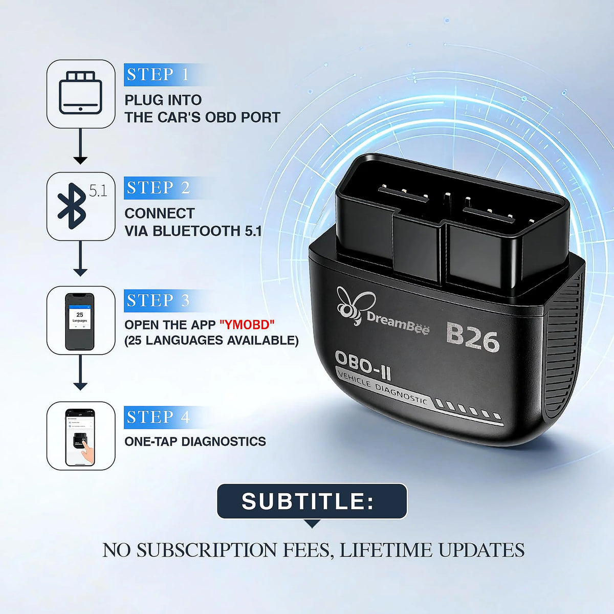Dreambee B26 Mini Compact Handheld Wireless Bluetooth 5.1 OBD2 Scanner - 12V Gasoline Cars Plug-And-Play Car Computer Diagnostic Reader, Engine Faults Check Tool for Ios & Android, Multilanguage View, Real-Time Data, Code Read/Clear for Daily Maintenance