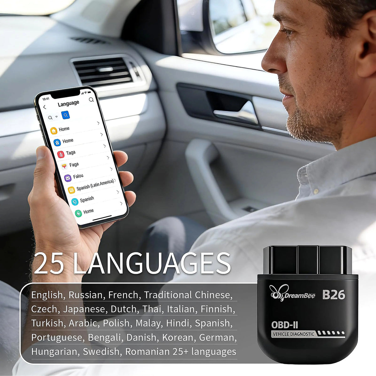 Dreambee B26 Mini Compact Handheld Wireless Bluetooth 5.1 OBD2 Scanner - 12V Gasoline Cars Plug-And-Play Car Computer Diagnostic Reader, Engine Faults Check Tool for Ios & Android, Multilanguage View, Real-Time Data, Code Read/Clear for Daily Maintenance